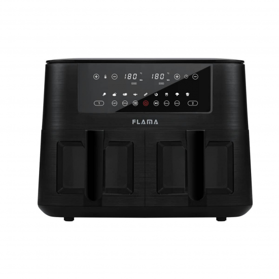 Freidora de aire Flama 698L, 8 litros, Doble, 2 x 4 litros, sin aceite, con ventana, negro